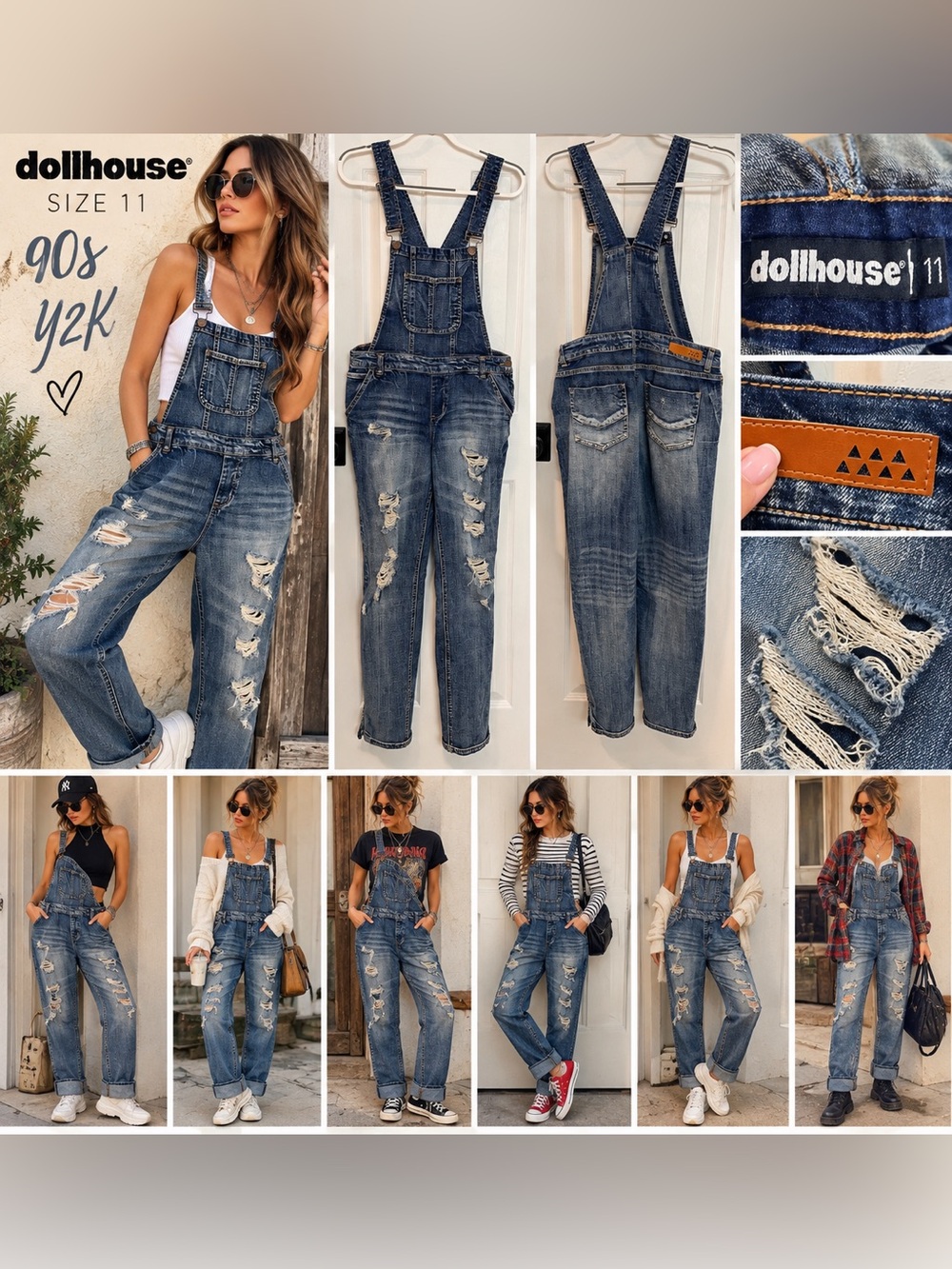 Dollhouse 90s Y2K Distressed Denim Overalls Size 11 Grunge Vintage Inspired